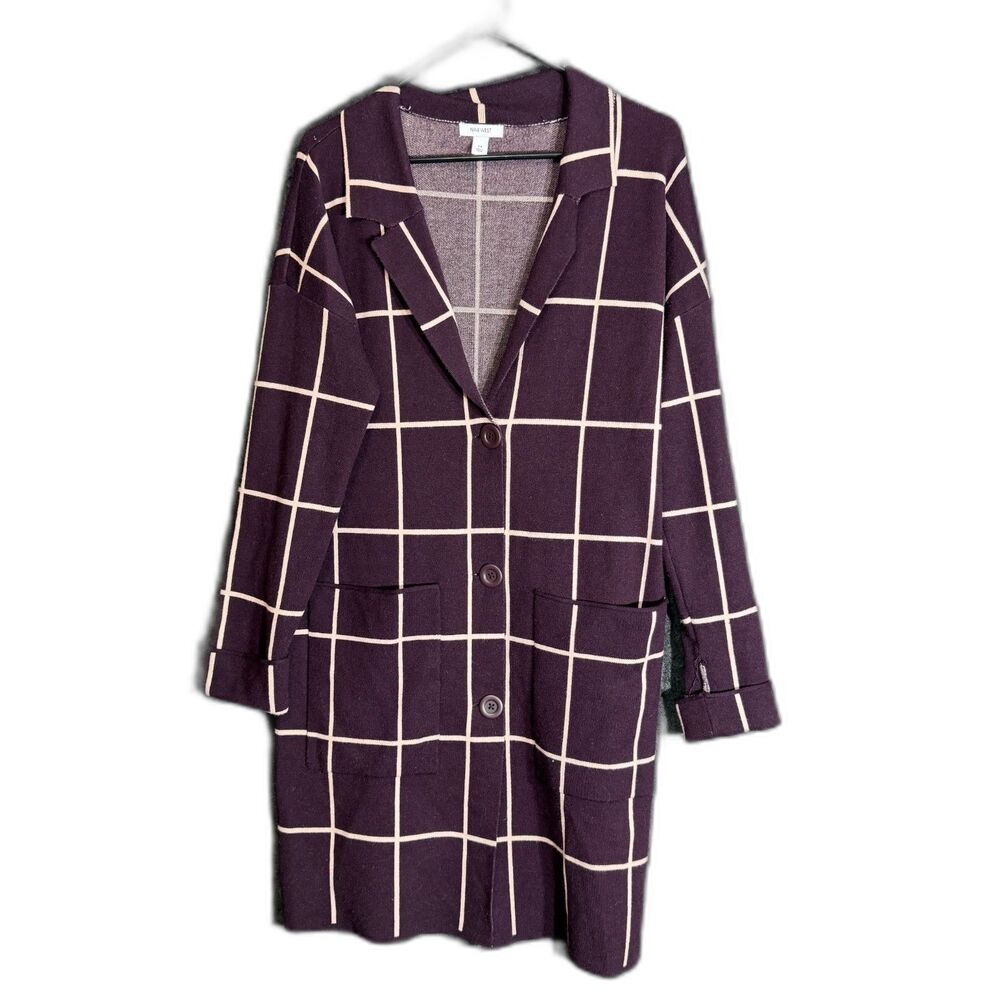 Nine West Womens Size Medium Burgundy Windowpane Plaid Long Cardigan Sweater - Picture 2 of 12
